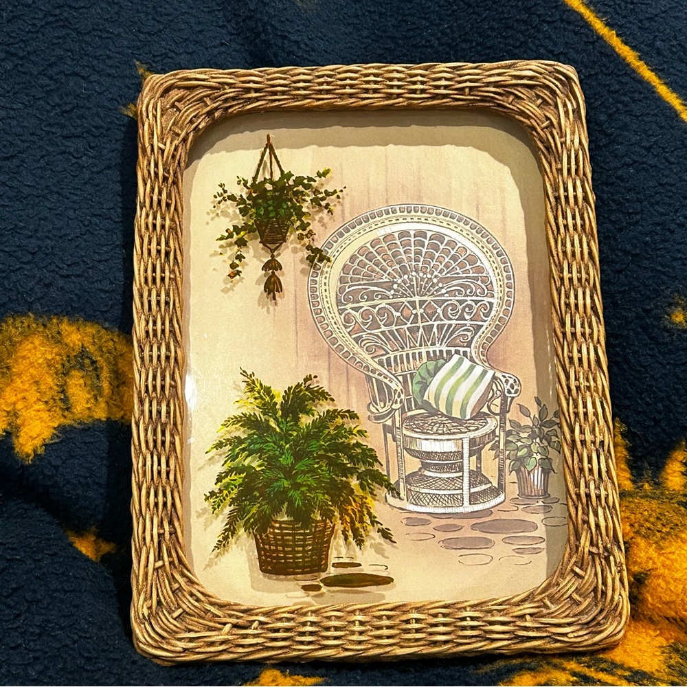 Vintage MCM 3D Peacock Chair Fern Print Rattan Frame Boho Cottagecore Wall Decor - Picture 2 of 11